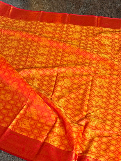 Chic Yellow & red semi silk saree