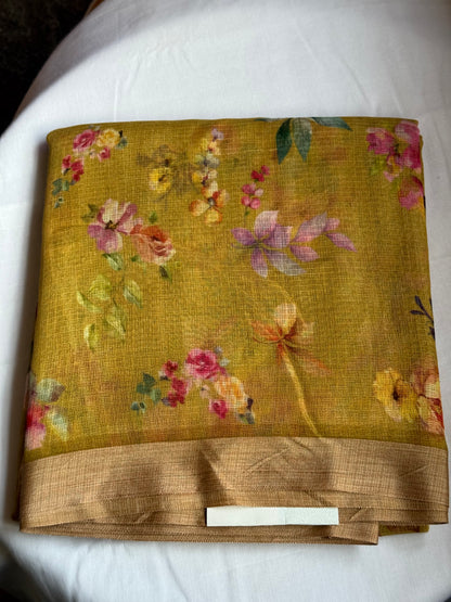 Yellow printed kota cotton saree