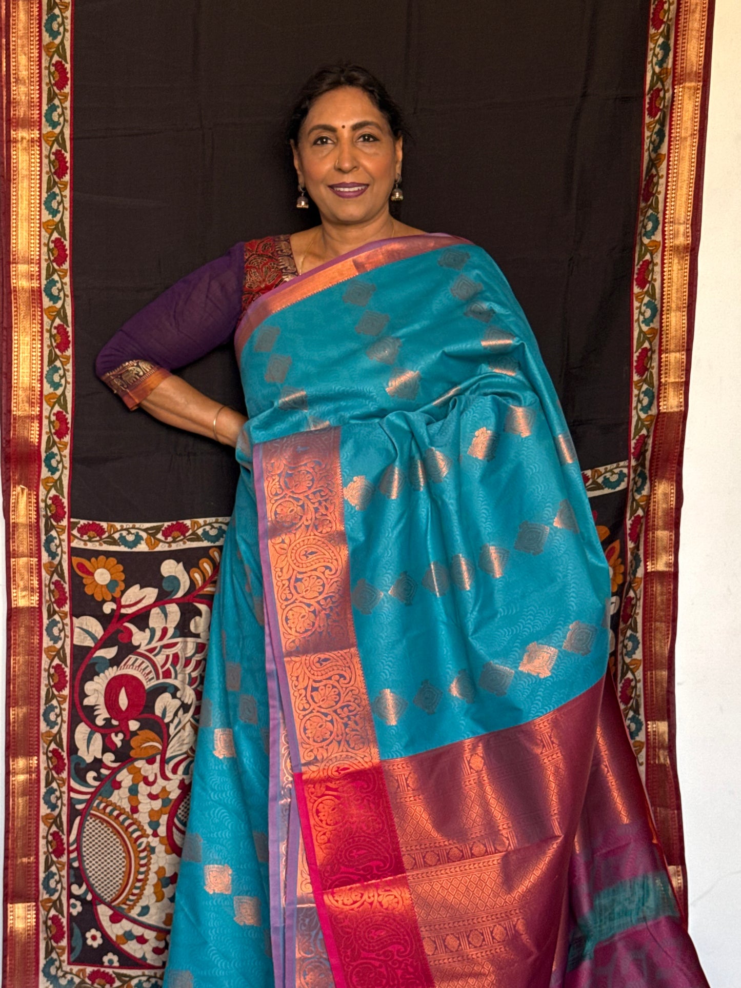 Blue & plum maroon semi silk