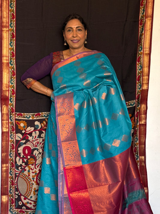 Blue & plum maroon semi silk