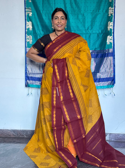 Yellow kolam sungudi cotton saree