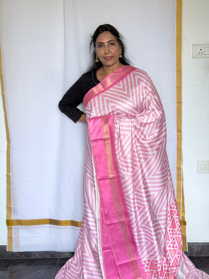 Semi crepe printed saree pink
