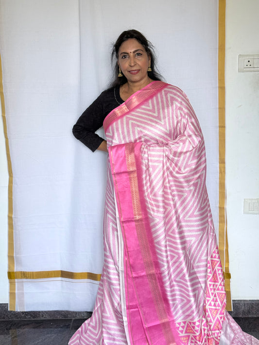 Semi crepe printed saree pink