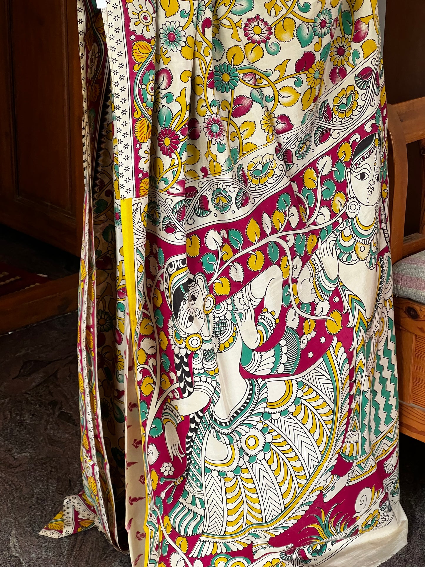Red & yellow kalamkari chinnur silk saree