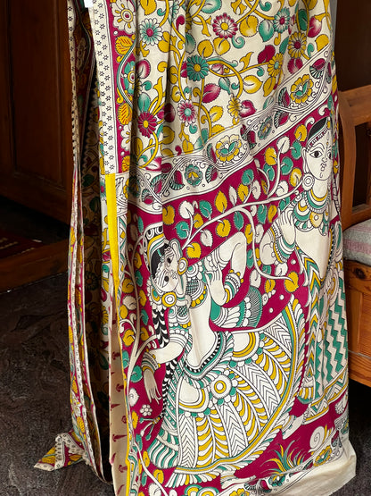 Red & yellow kalamkari chinnur silk saree