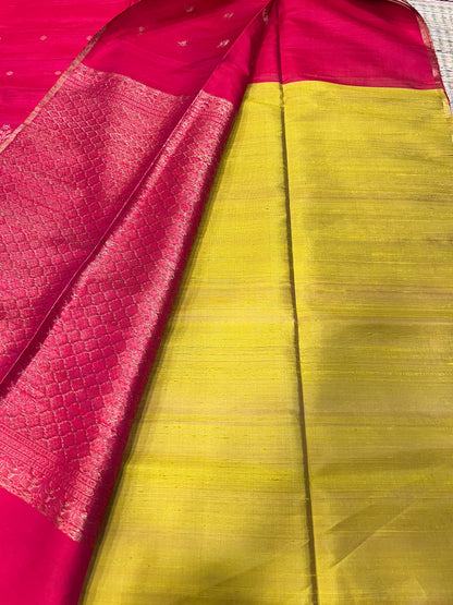Pink & olive gold raw silk saree