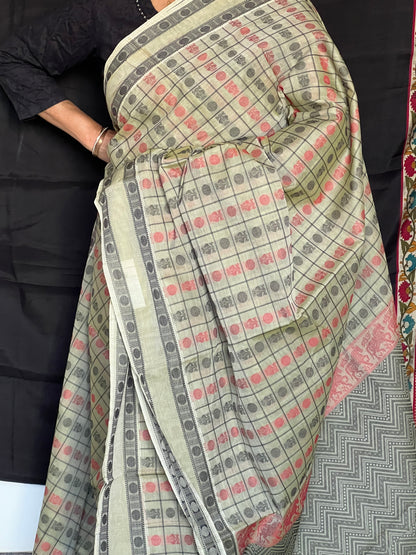 Beige checks Kanchivaram cotton saree