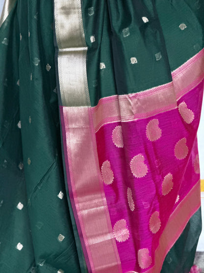 Semi Silk Cotton saree - Green & Pink