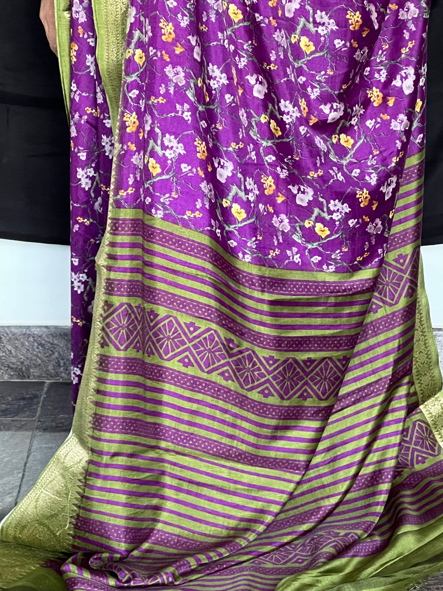Purple semi printed Crepe saree