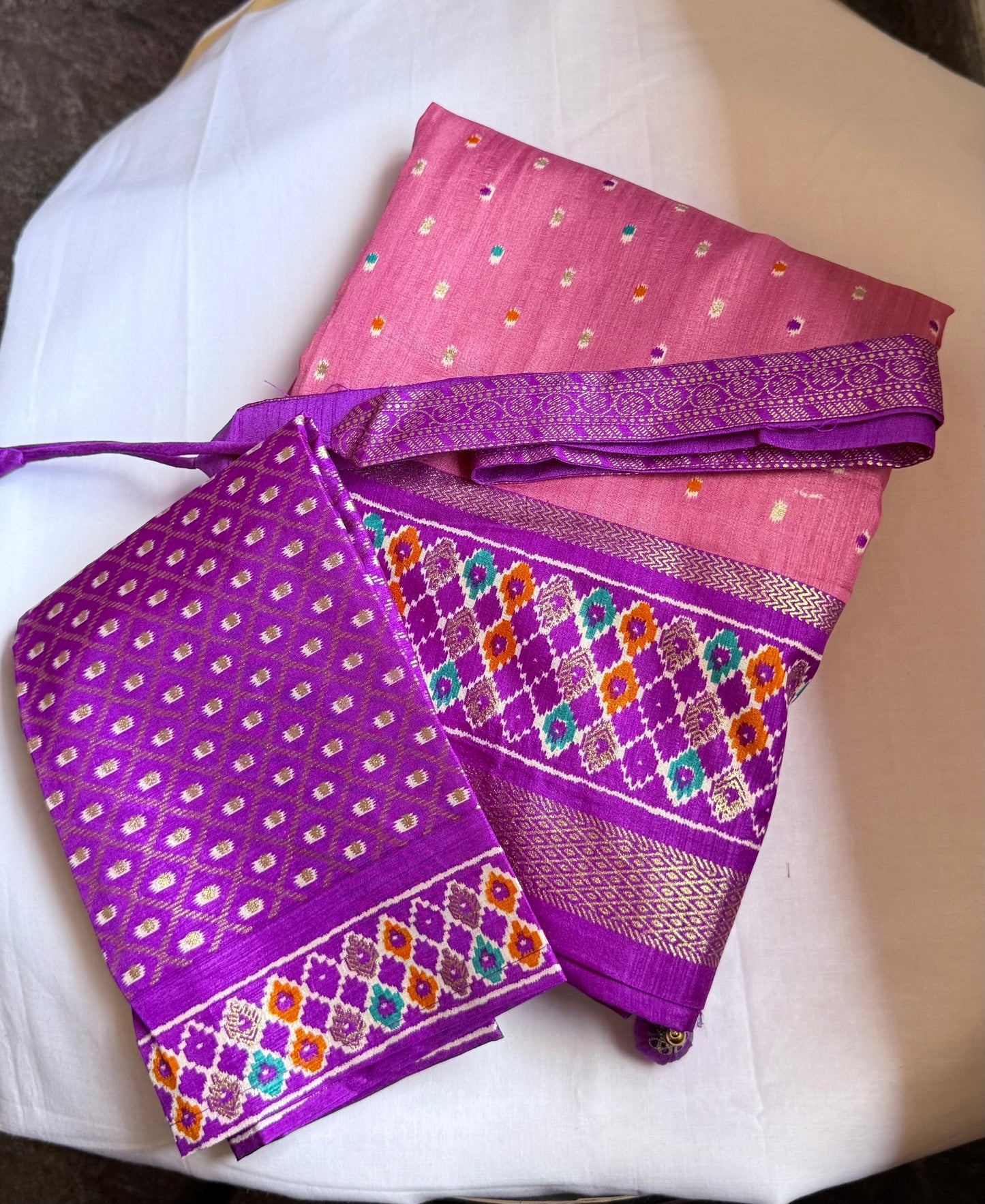 Blue and pink semi patola saree