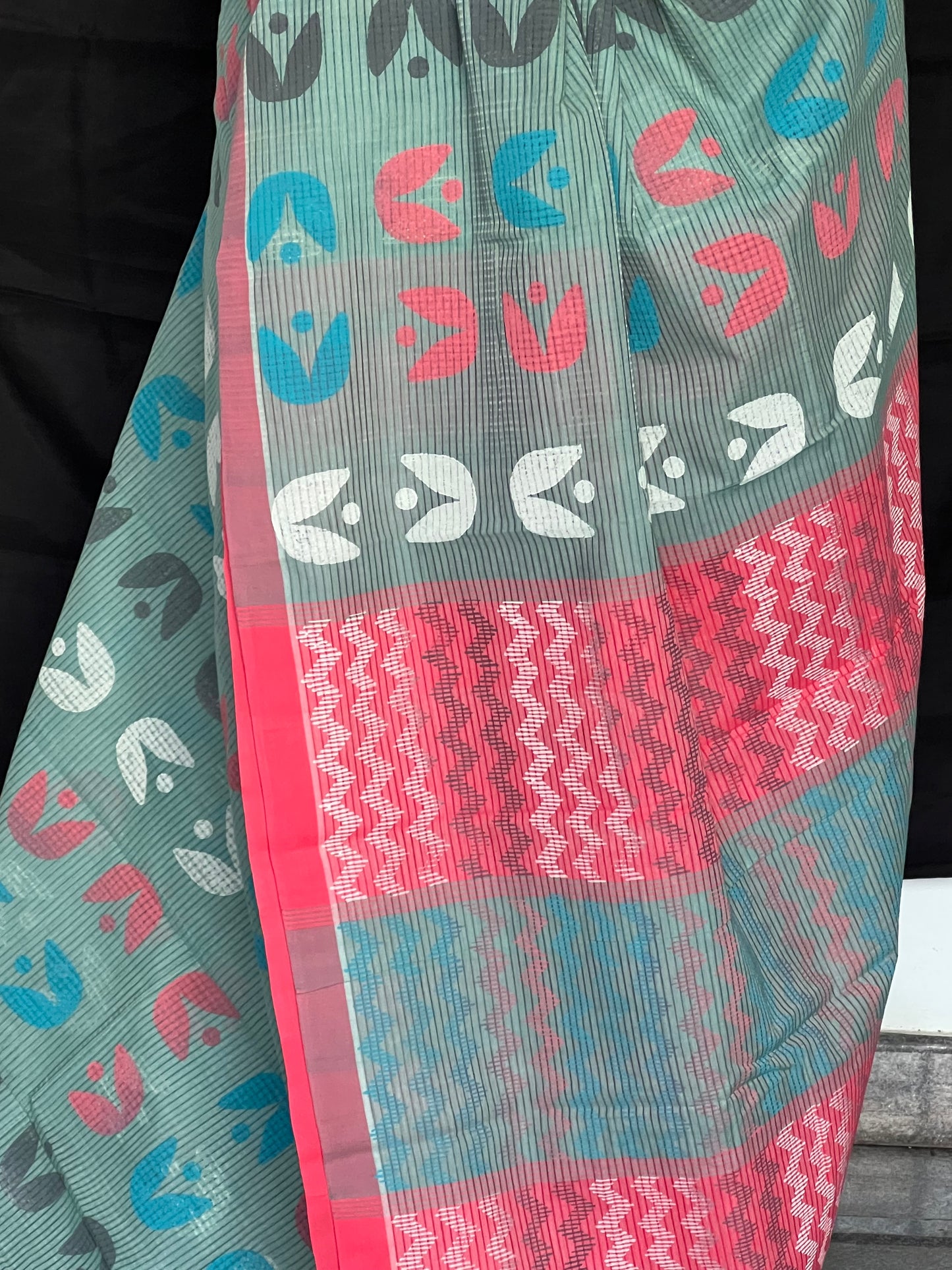 Teal mangalagiri block printed cotton saree