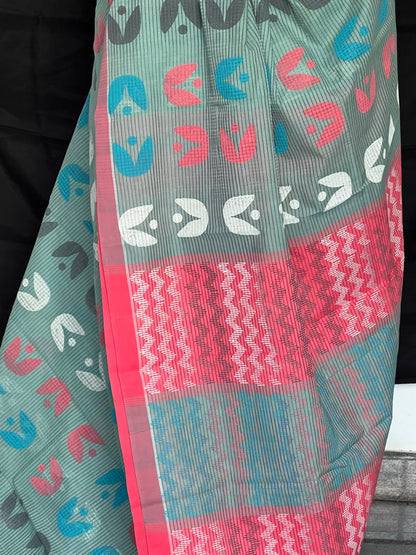 Teal mangalagiri block printed cotton saree