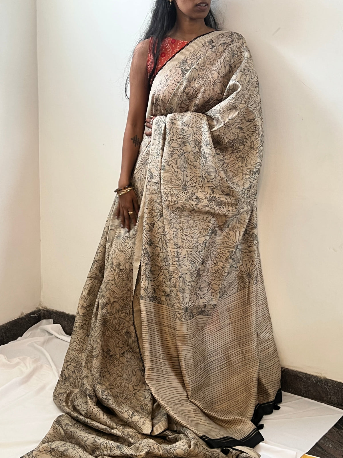 Beige & black Tussar silk saree