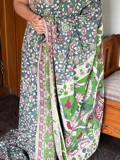 Grey cotton Kalamkari saree