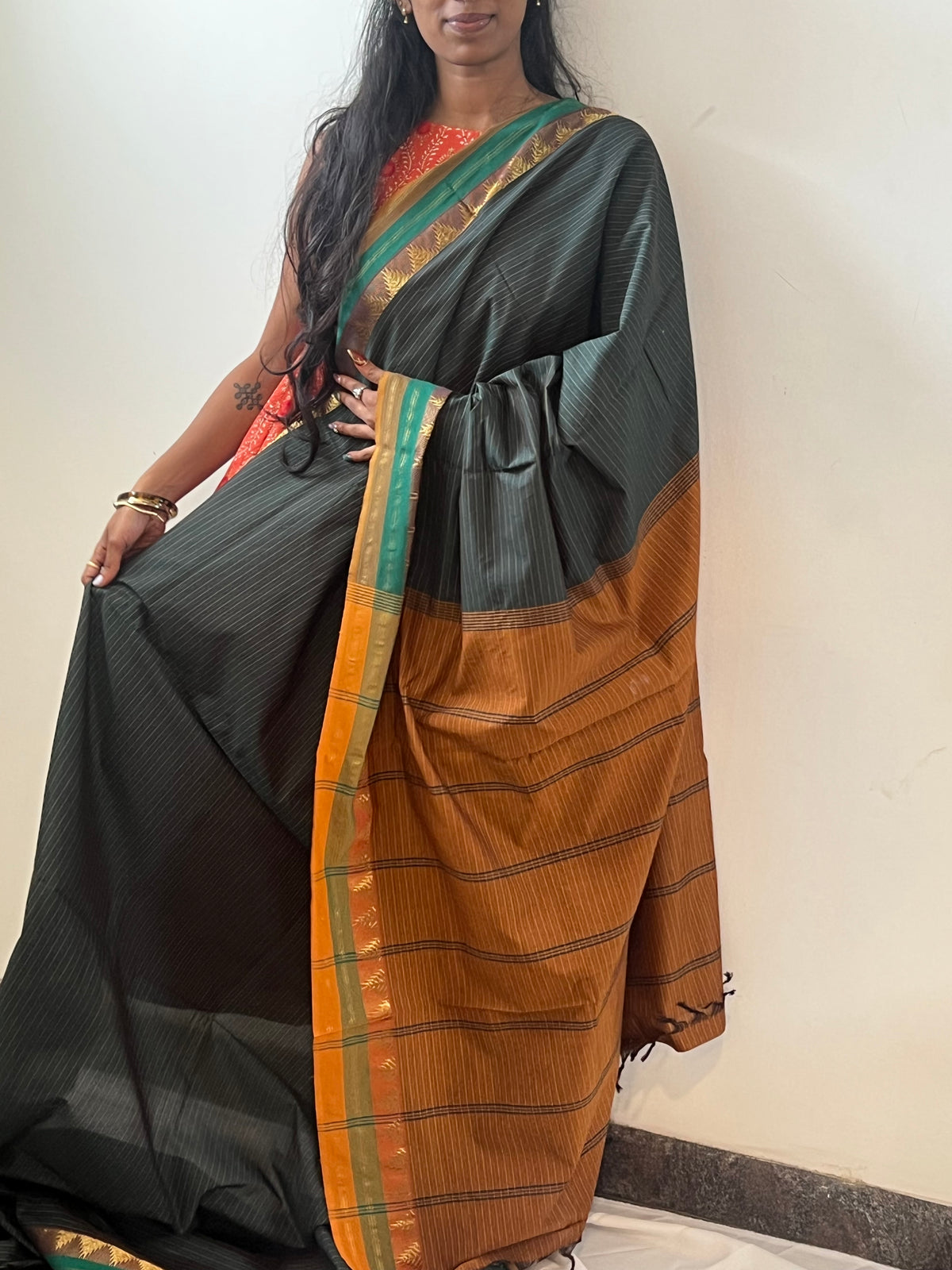 Dark green semi silk cotton saree