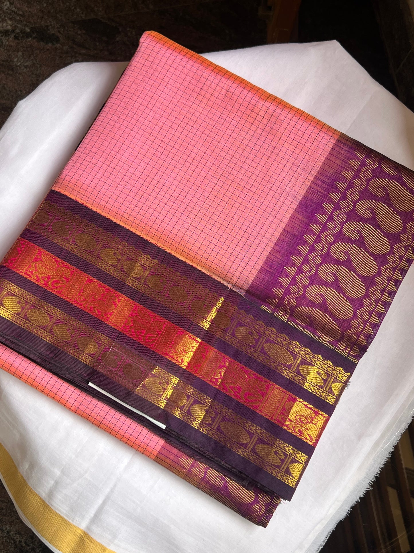 Lotus pink korwai silk cotton saree