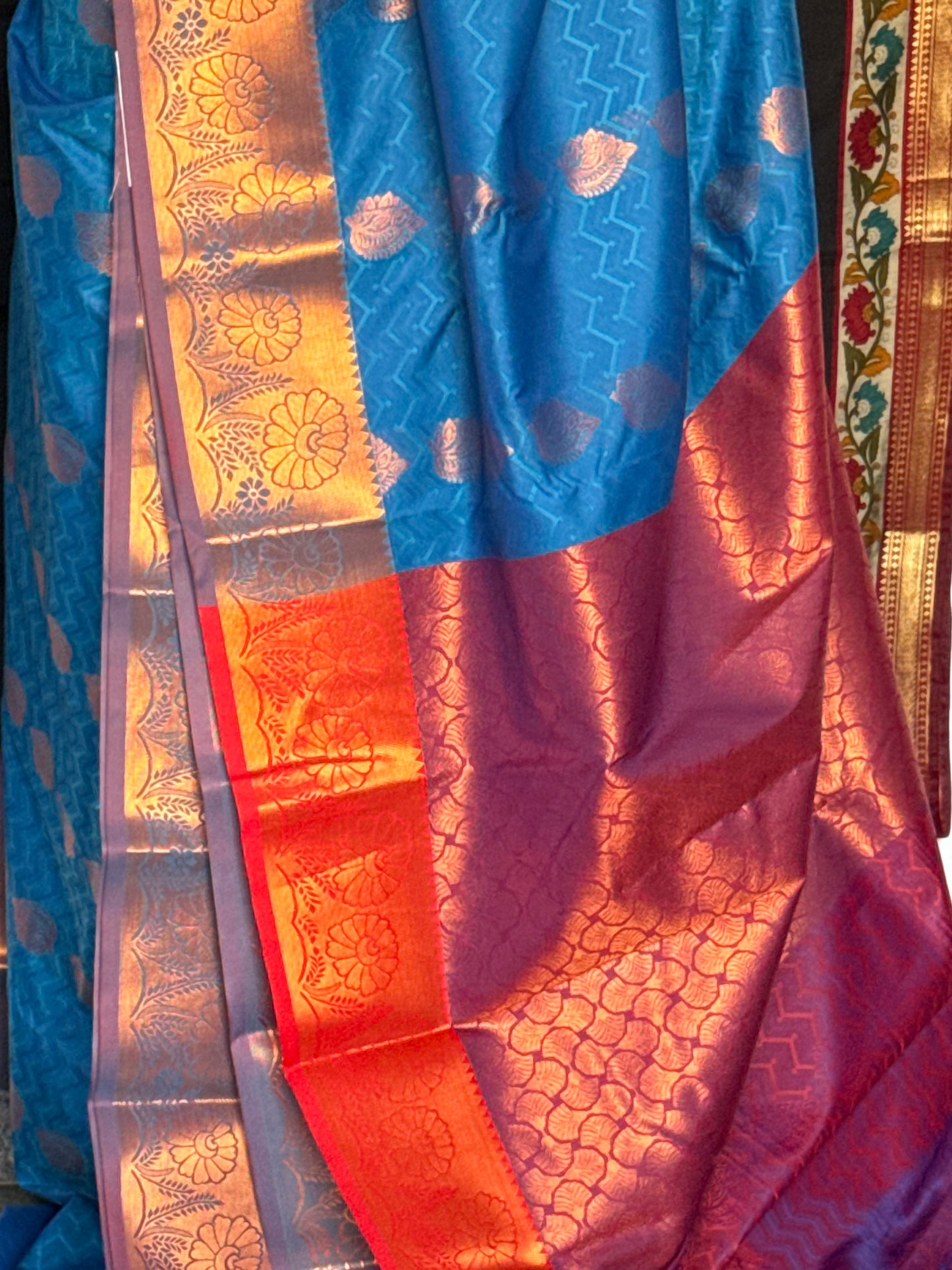 Royal blue & red semi silk saree