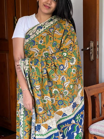 Mustard Kalamkari cotton saree