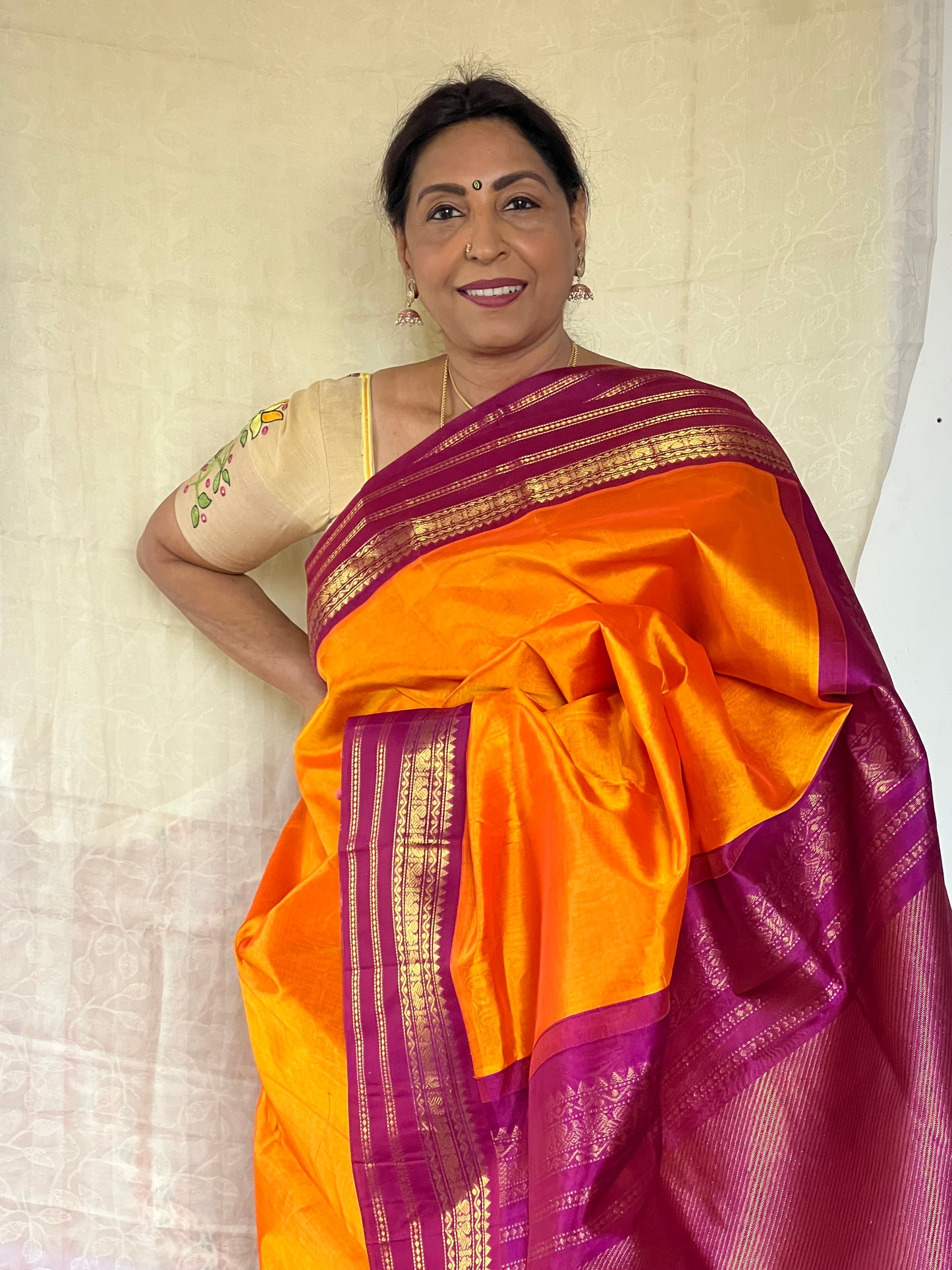 Mango Orange Magenta kanchivaram silk cotton saree