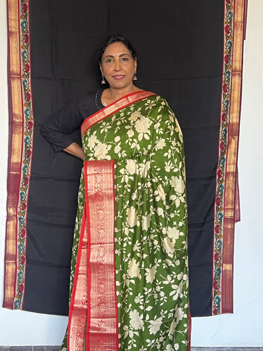 Olive green & red semi crepe silk saree