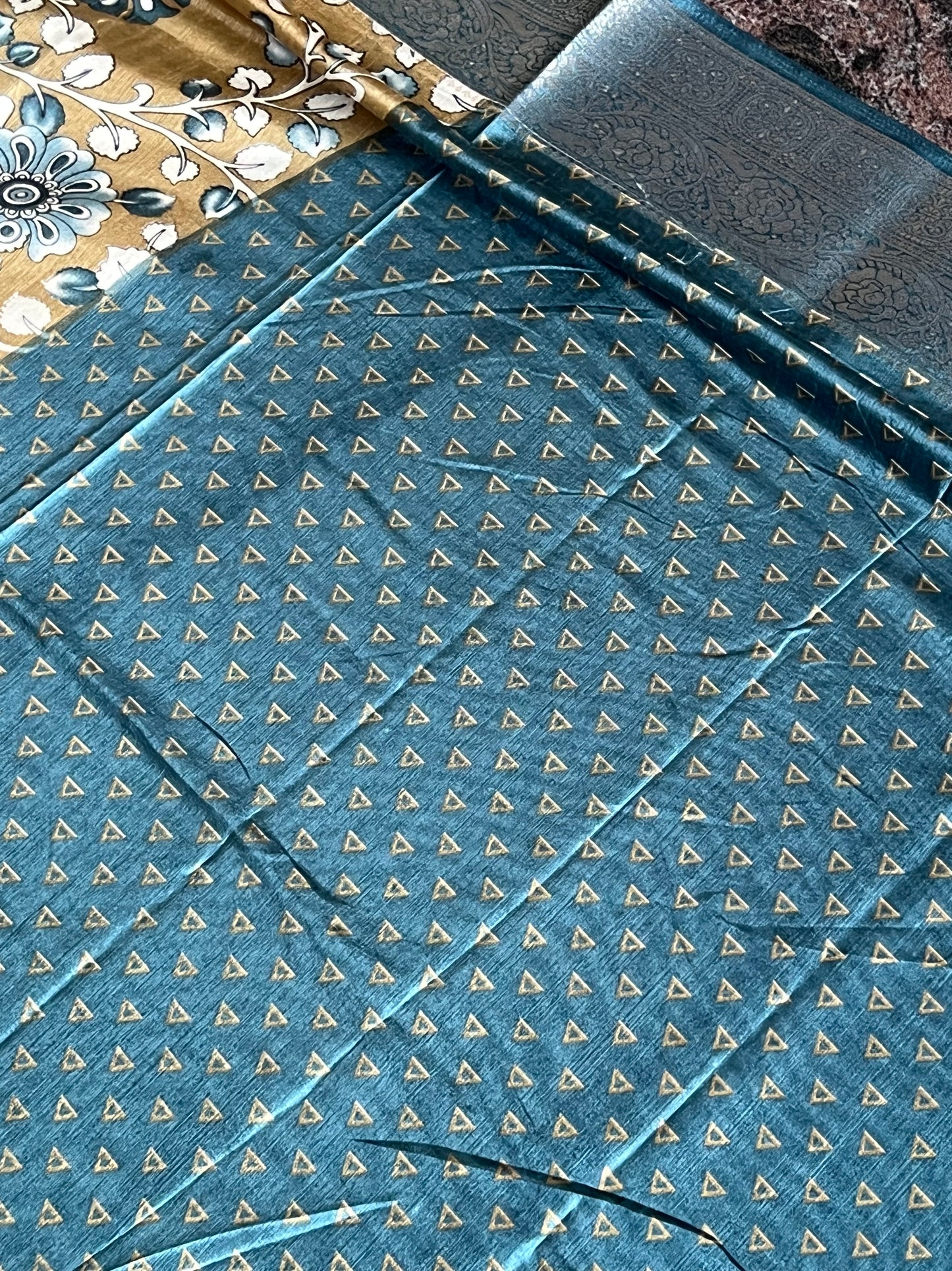 Olive green & blue semi Tussar silk saree