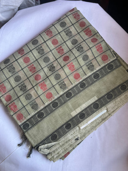 Beige checks Kanchivaram cotton saree