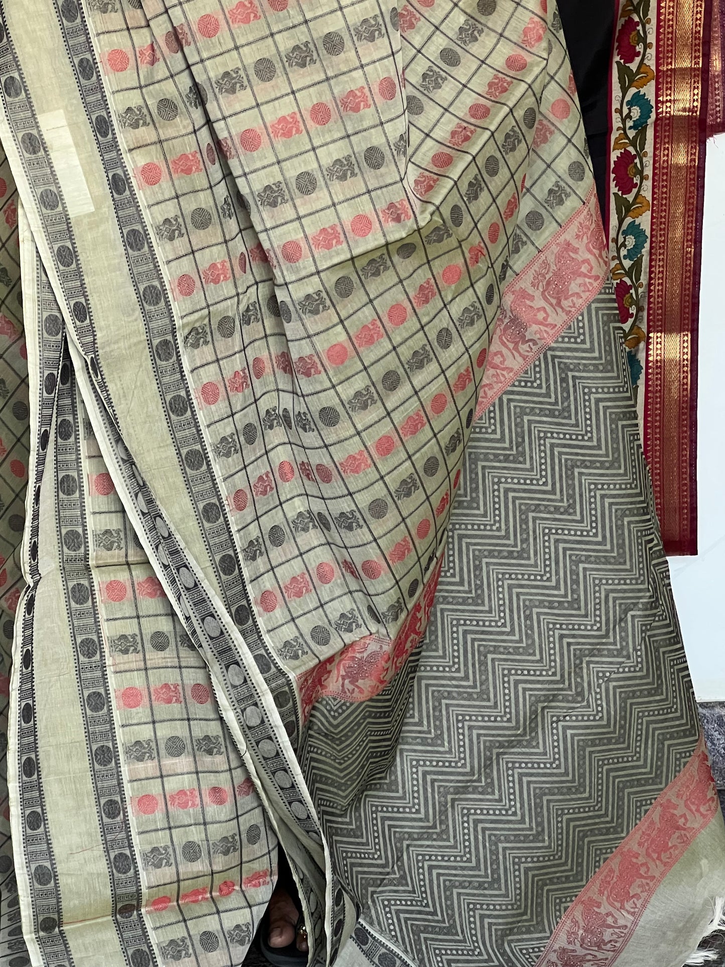 Beige checks Kanchivaram cotton saree