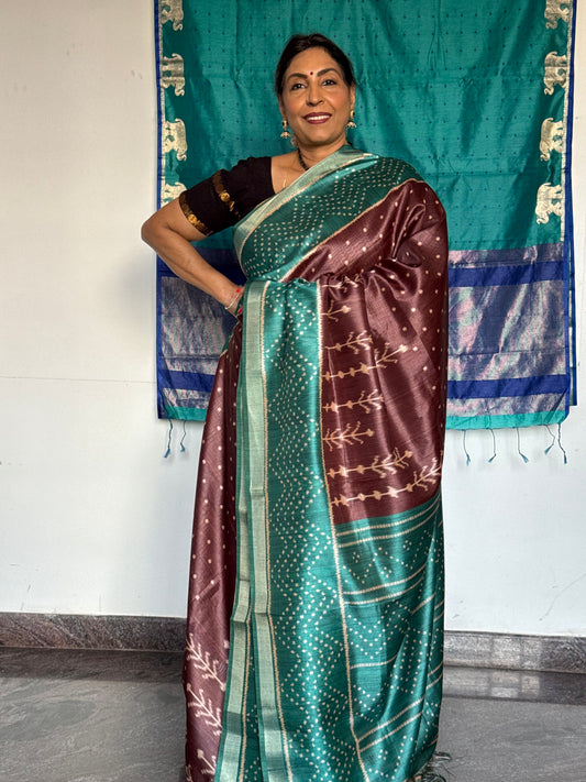 Green & brown semi tussar saree