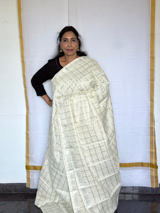 White and silver check - onam special