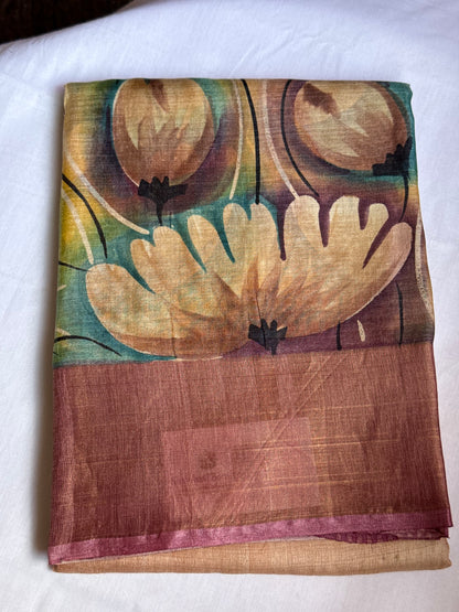 Printed tussar silk saree