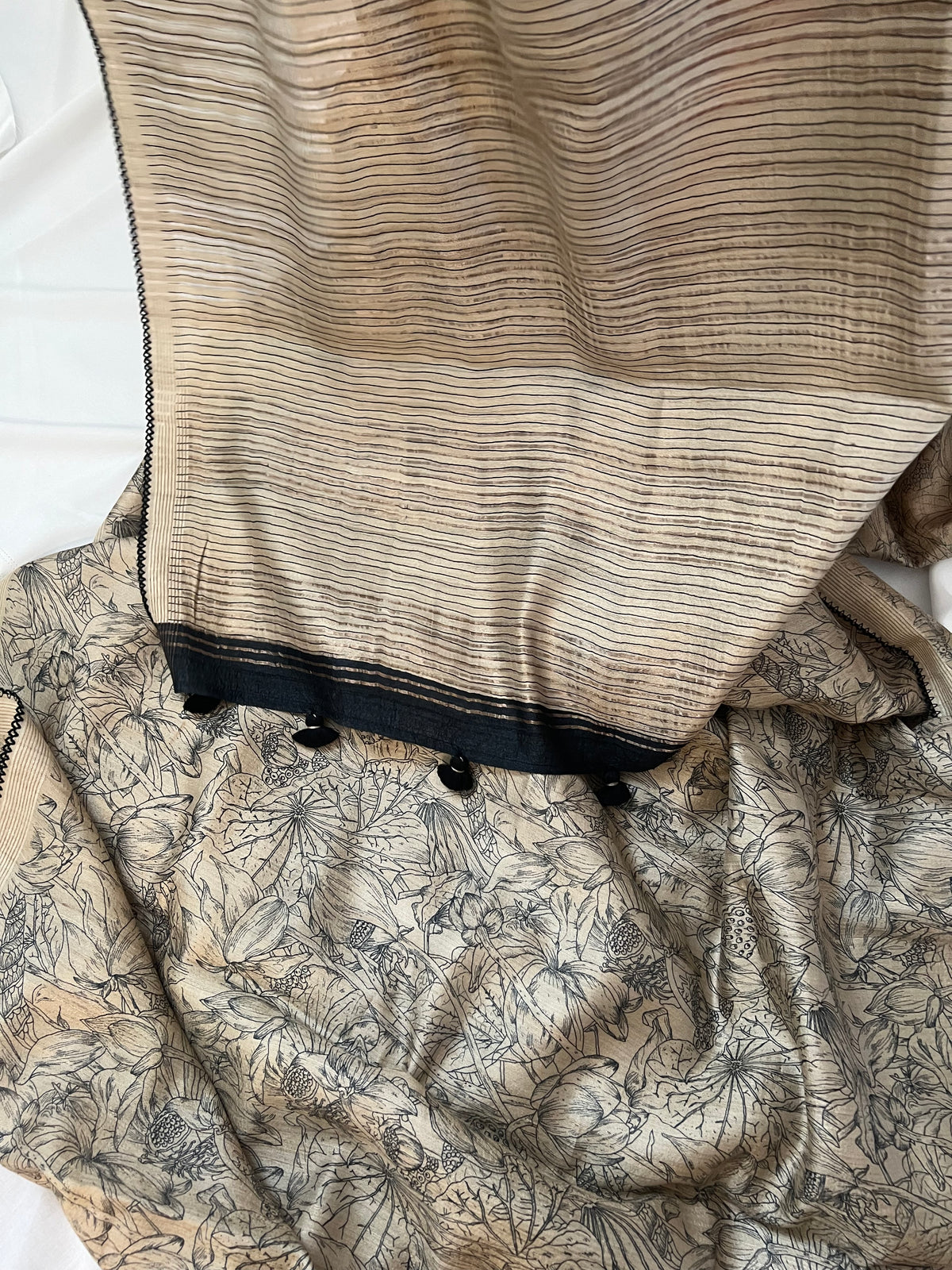 Beige & black Tussar silk saree