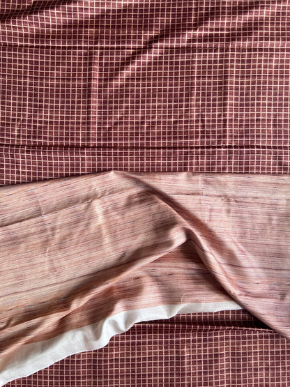 Brick brown checked tussar silk saree