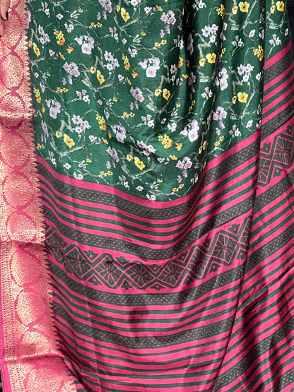 Dark green semi printed crepe saree