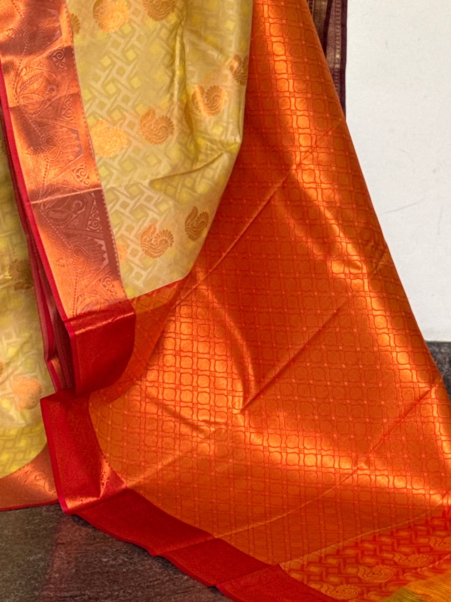 Chic Yellow & red semi silk saree