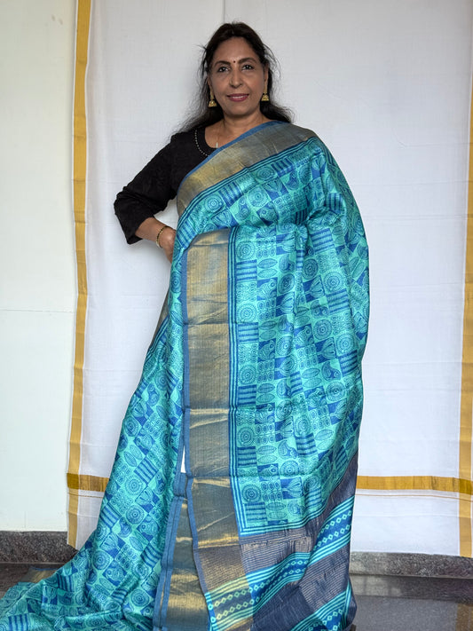 Printed Tussar saree - Blue