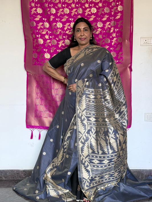 Grey semi tussar saree