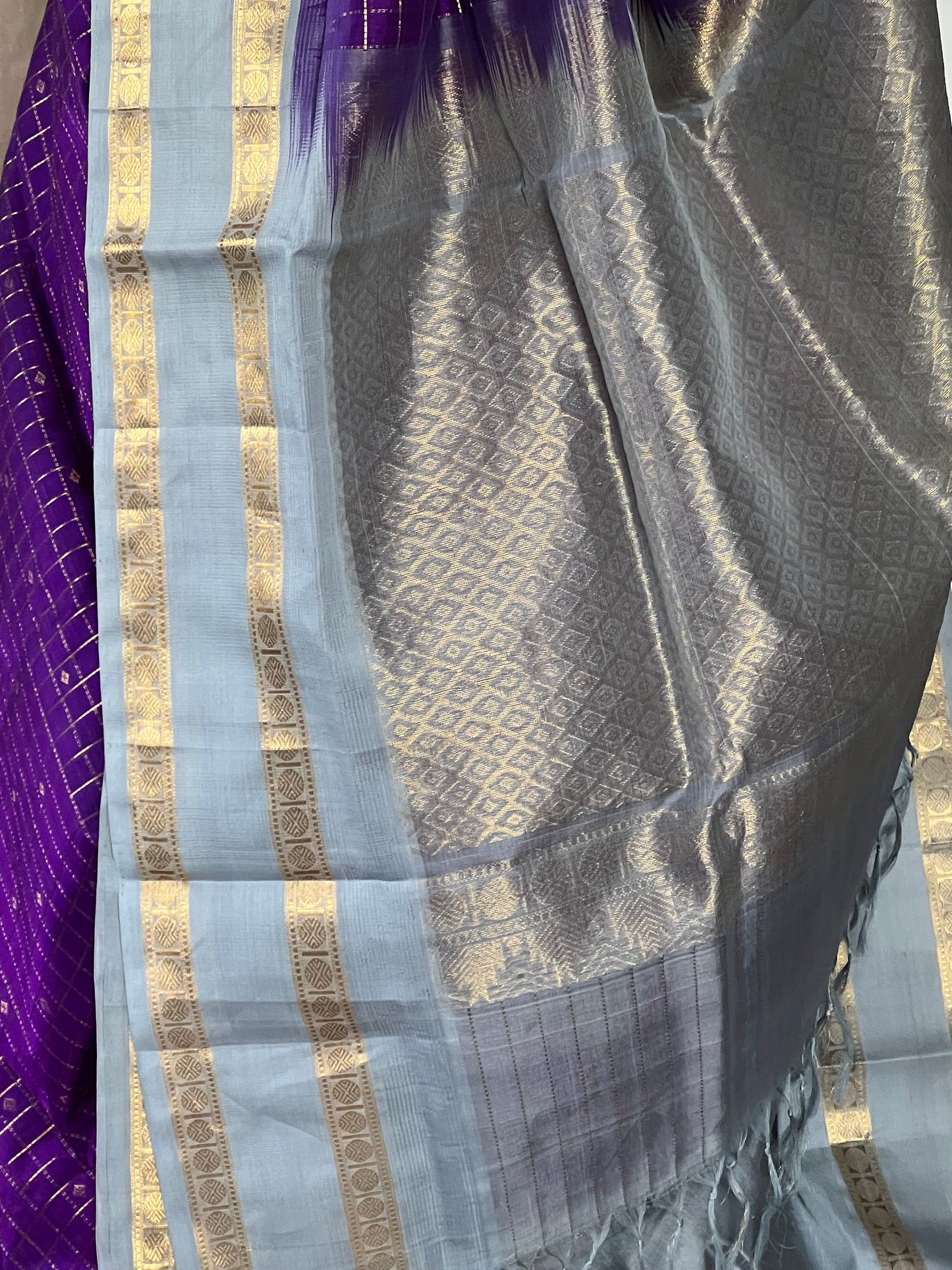 puple and grey kanchivaram silk cotton saree
