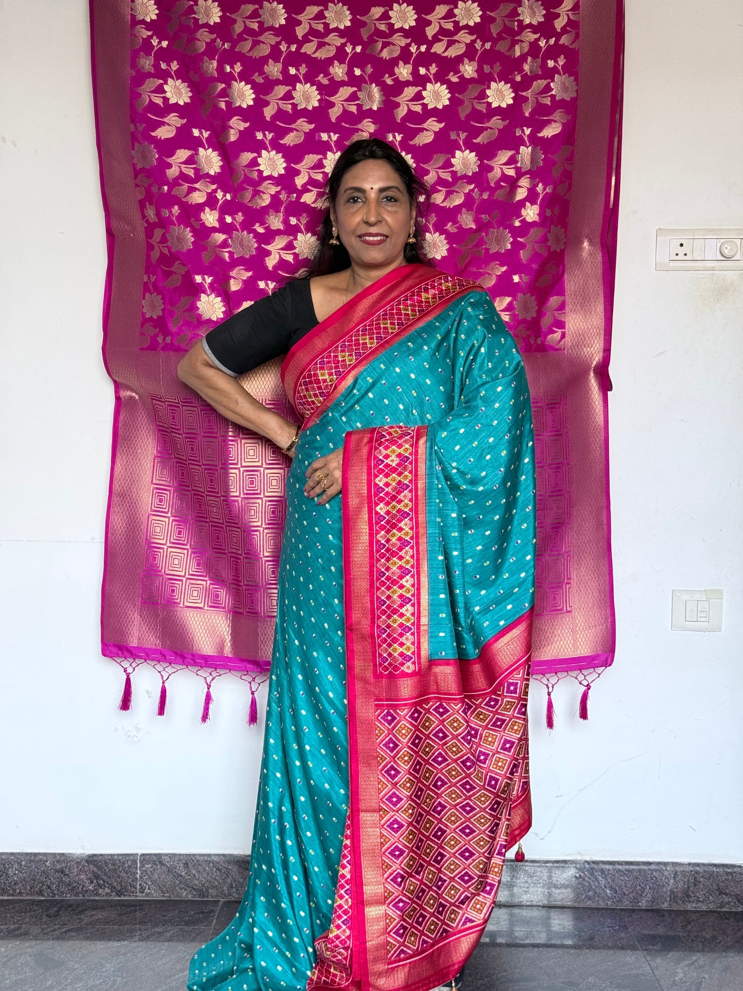 Blue and pink semi patola saree