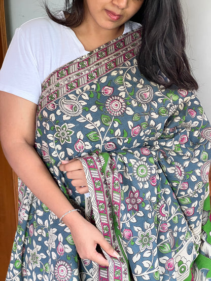 Grey cotton Kalamkari saree