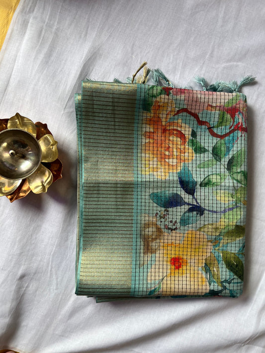Light blue checked semi tussar silk saree