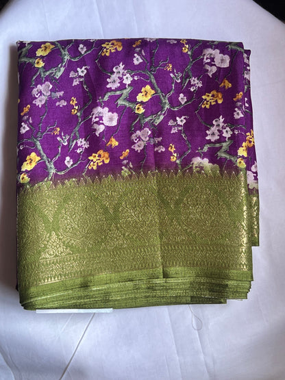 Purple semi printed Crepe saree