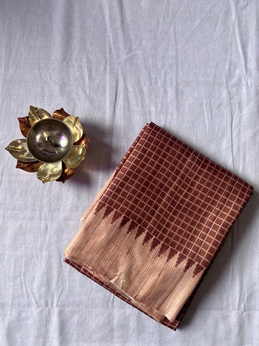 Brick brown checked tussar silk saree