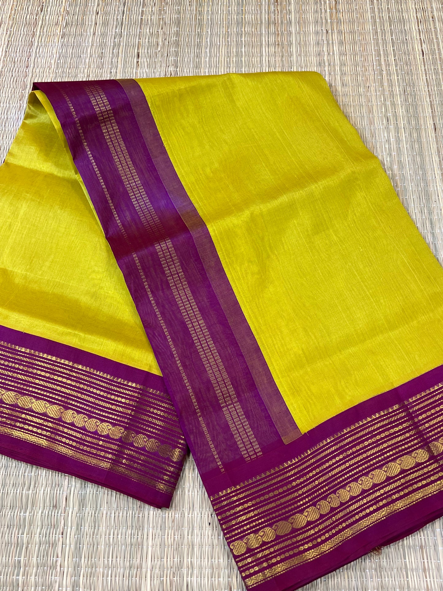 Lime yellow silk cotton saree
