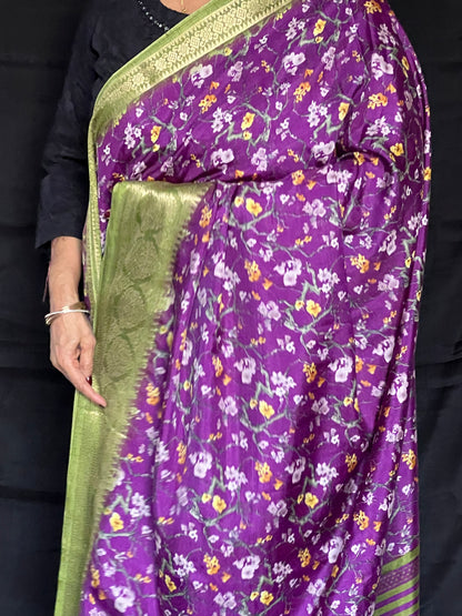 Purple semi printed Crepe saree