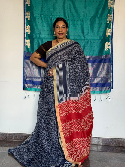 Indigo blue & white kota cotton saree