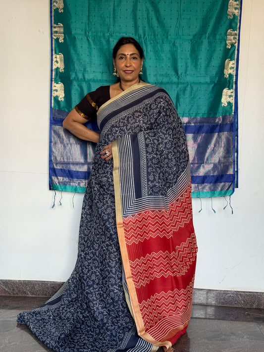 Indigo blue & white kota cotton saree