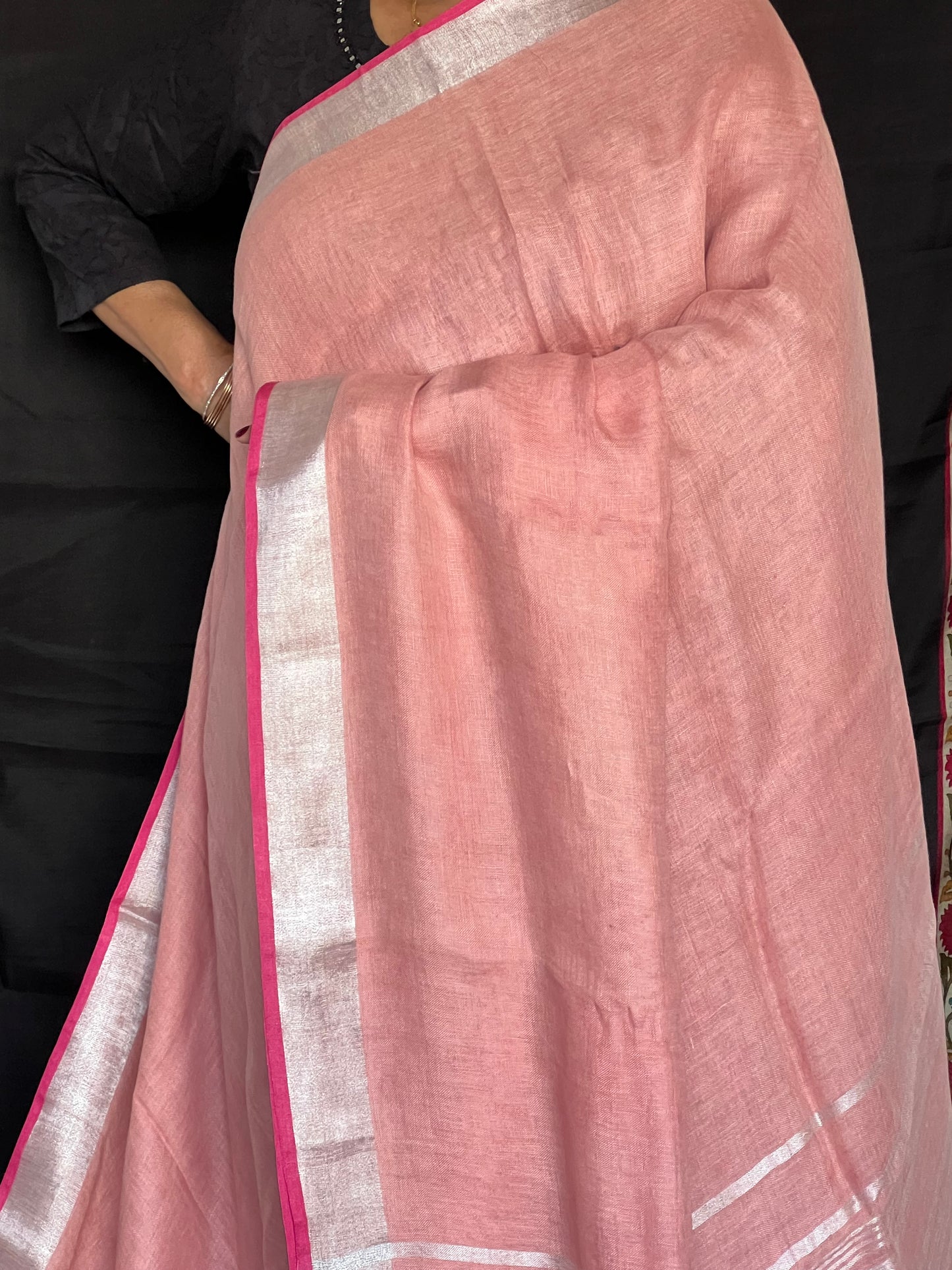 Baby pink linen cotton saree
