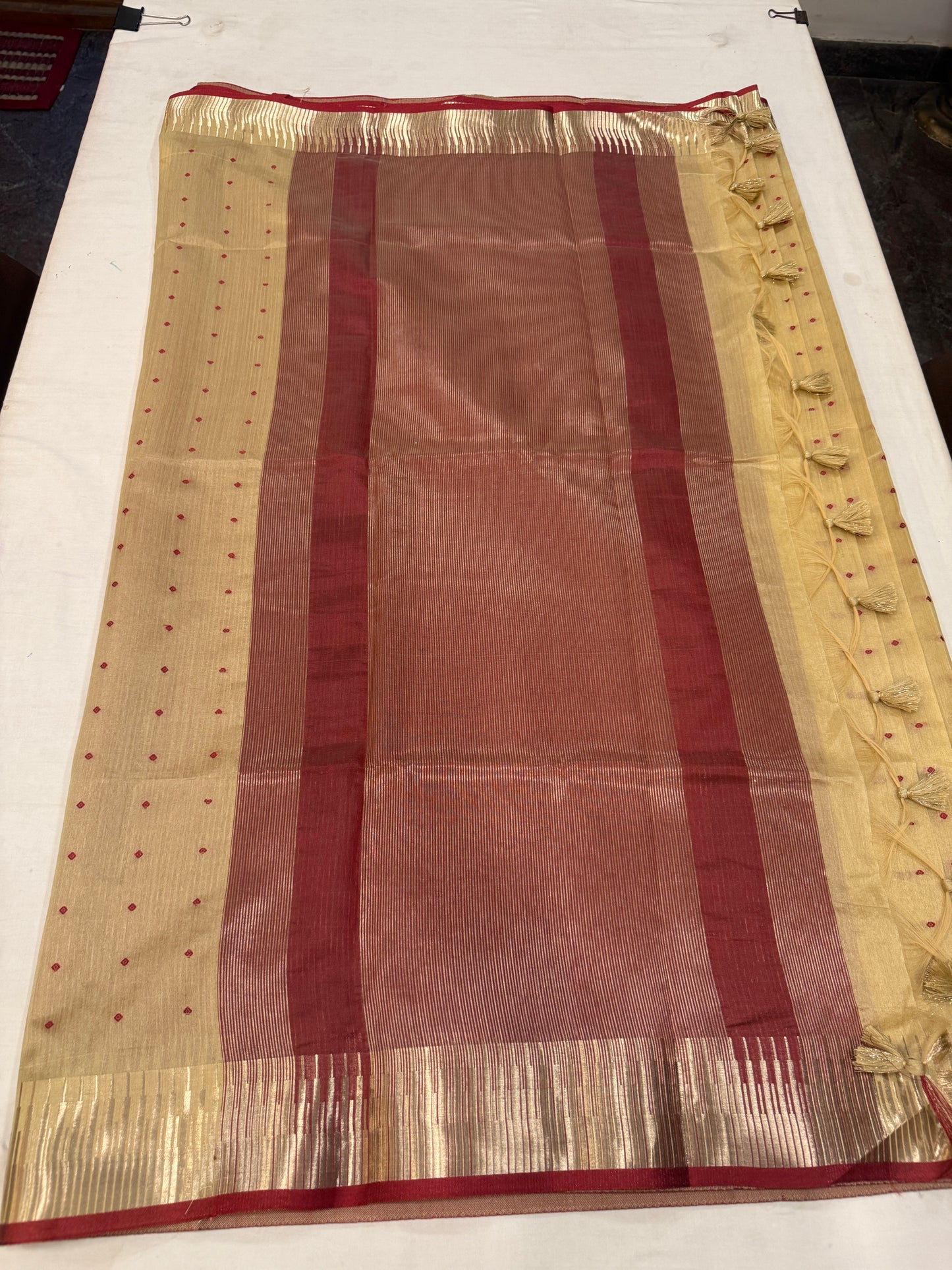Cream and maroon semi silk saree