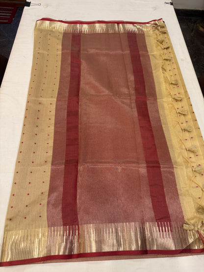 Cream and maroon semi silk saree