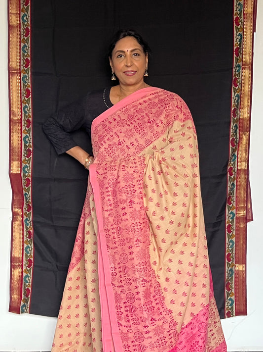 Beige & Pink mangalagiri printed cotton saree
